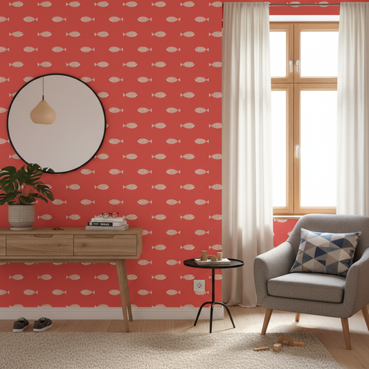 Papier peint panoramique motifs poissons corail sur fauteuil gris