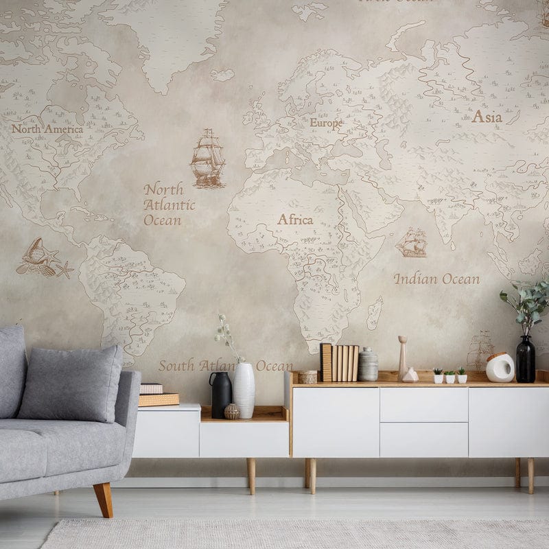 Papier peint nautique vintage avec carte du monde, océan et vieux navires en sépia