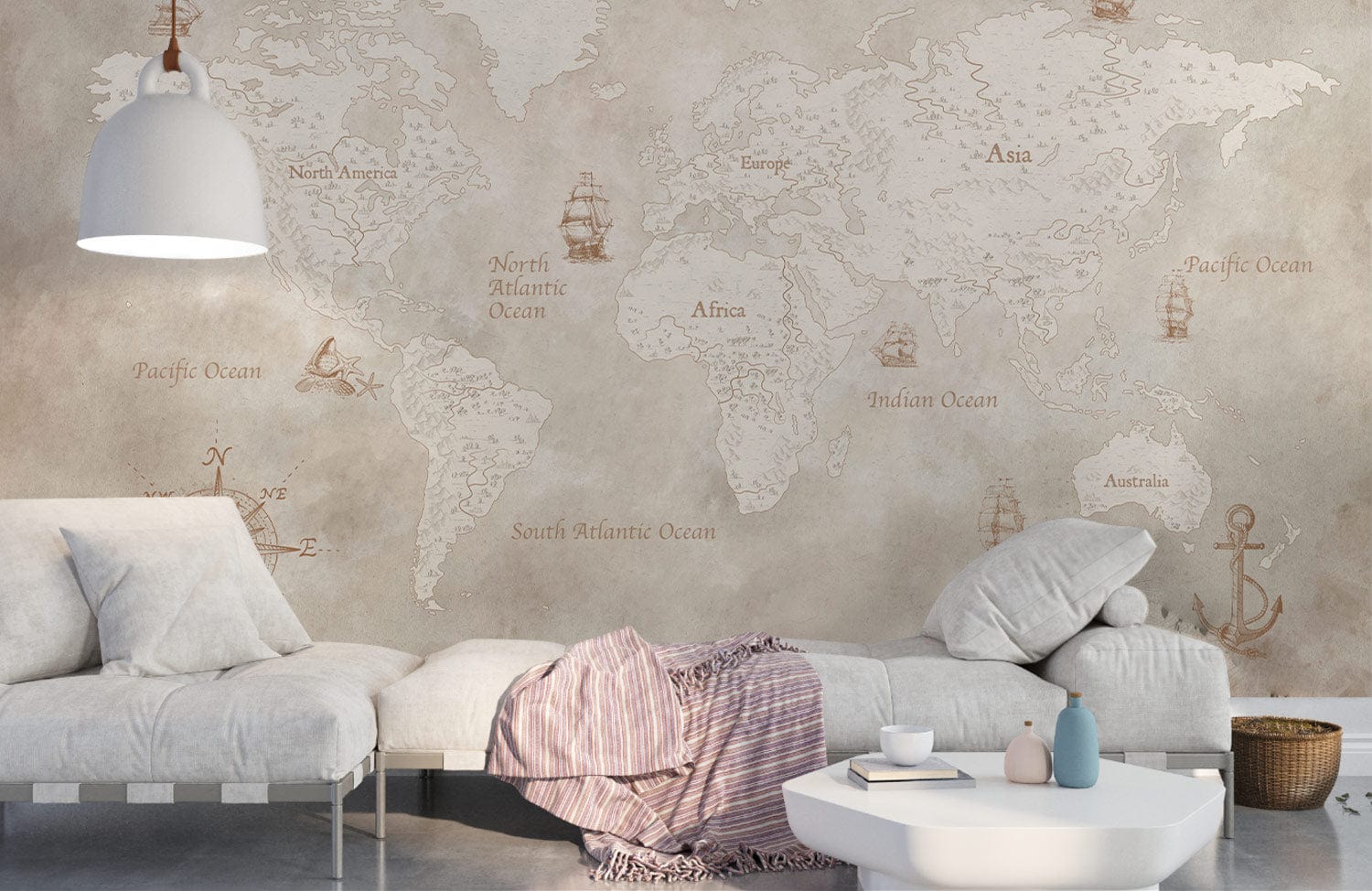 Image d’un salon avec un papier peint nautique de carte du monde vintage