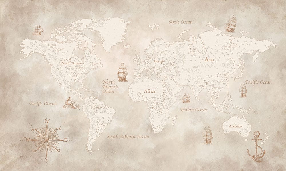 Papier peint nautique vintage avec carte du monde, navires et éléments de navigation