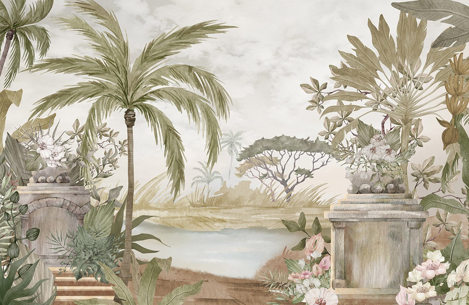 Papier peint panoramique de paysage tropical avec foliage, urnes et étang pour décoration personnalisée