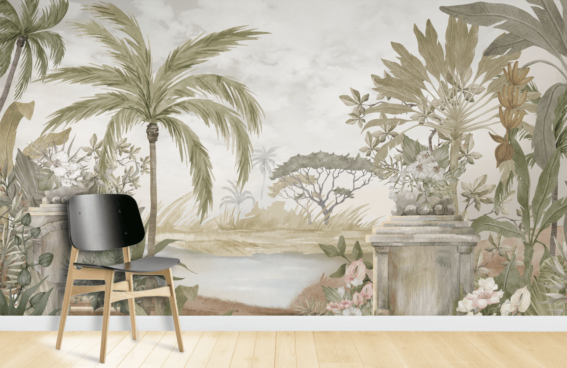Chaise en bois clair avec siège foncé, idéale pour décoration personnalisée papier peint panoramique jardin
