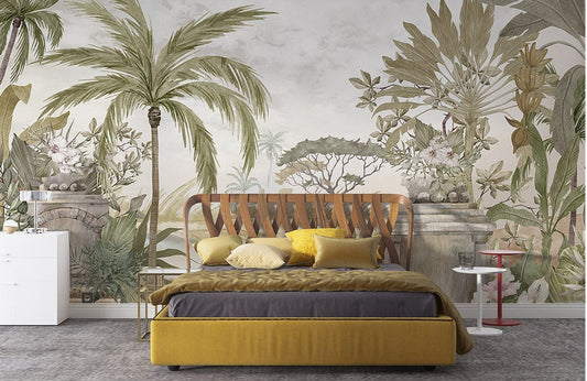 Photo d’un lit moderne avec cadre jaune moutarde et tête de lit en bois, parfait pour décoration personnalisée avec papier peint panoramique. Contact mr-papier-peint