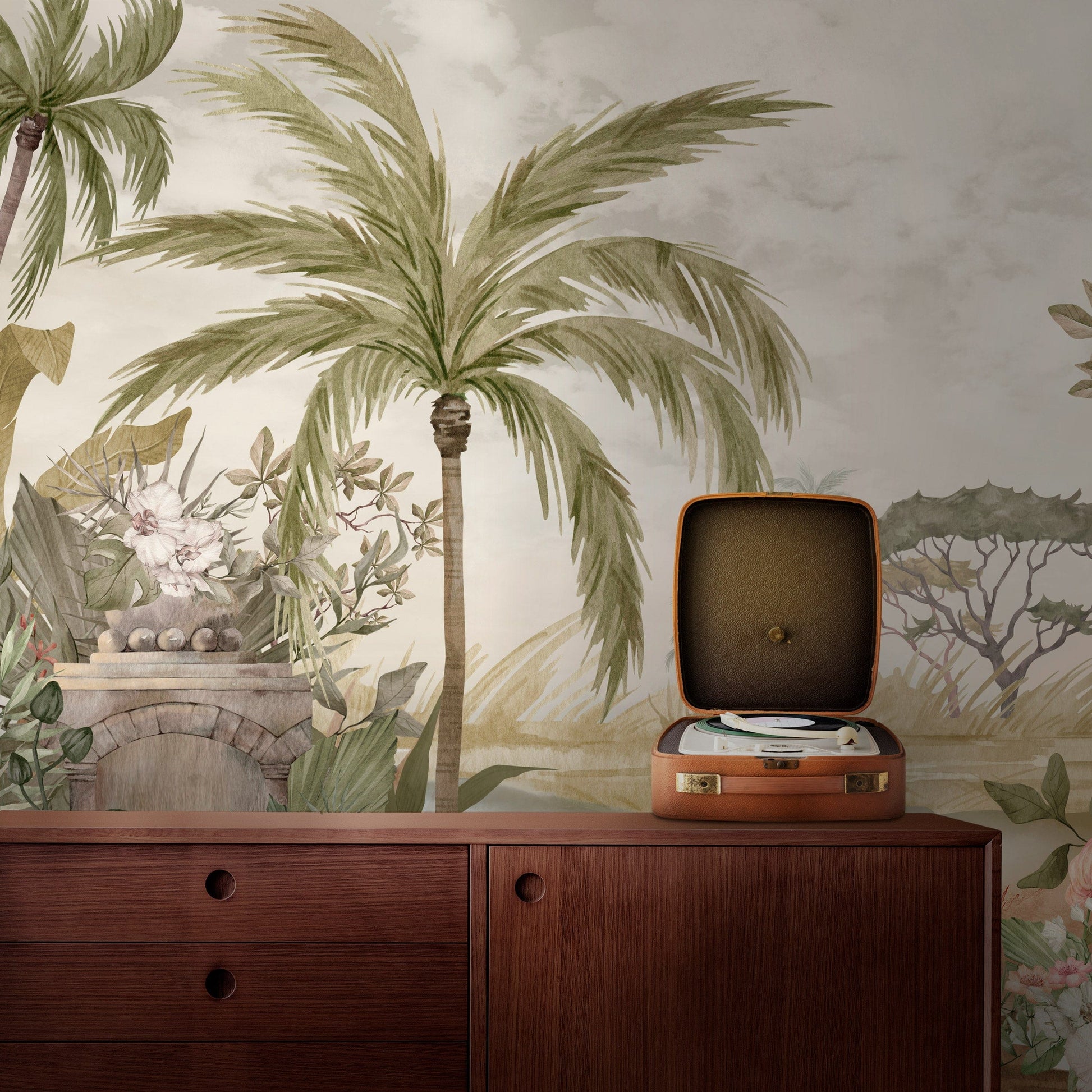 Photo d’un tourne-disque portable marron sur papier peint panoramique pour décoration personnalisée