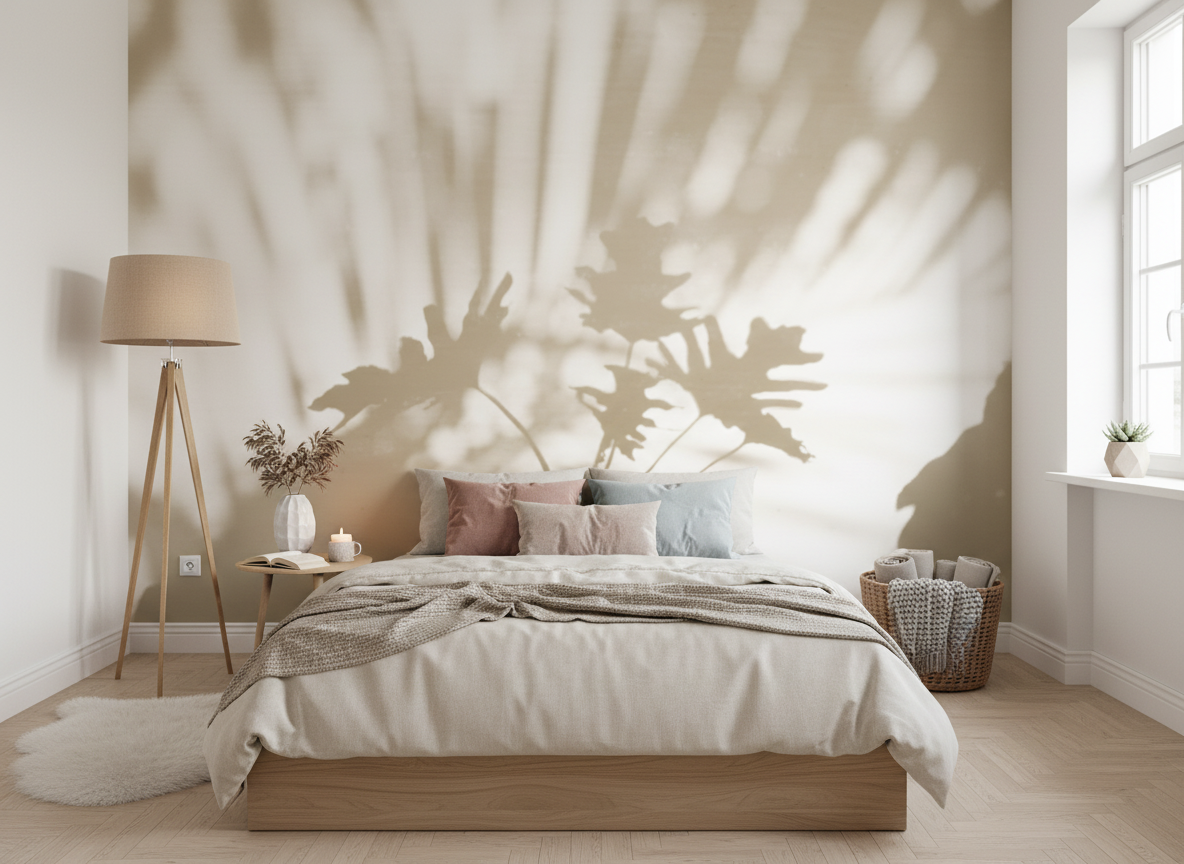 Lit tropicale avec papier peint panoramique monstera et palmes