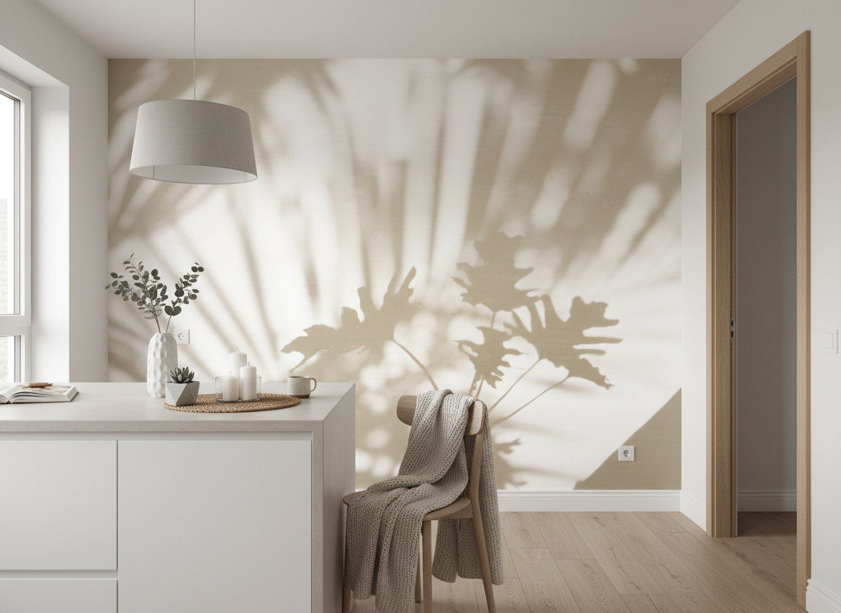 Îlot de cuisine blanc minimaliste avec papier peint Ombres Tropicales