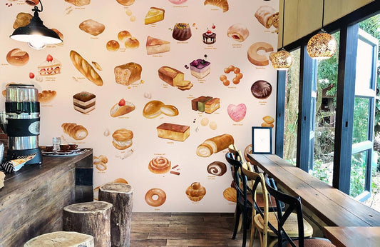 Papier peint panoramique expérience visuelle avec murale de pâtisseries dans un café