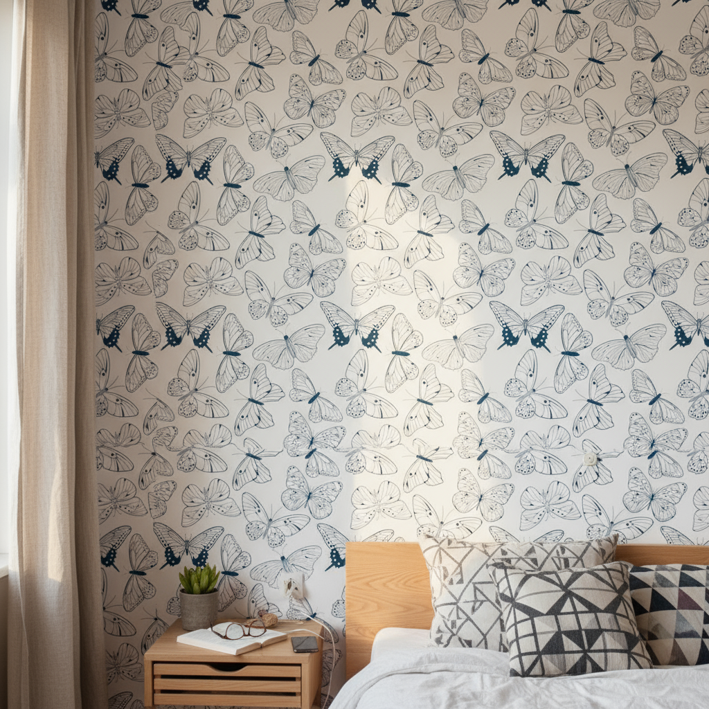 Papier peint papillons azur et ailes diverses en noir et blanc moderne