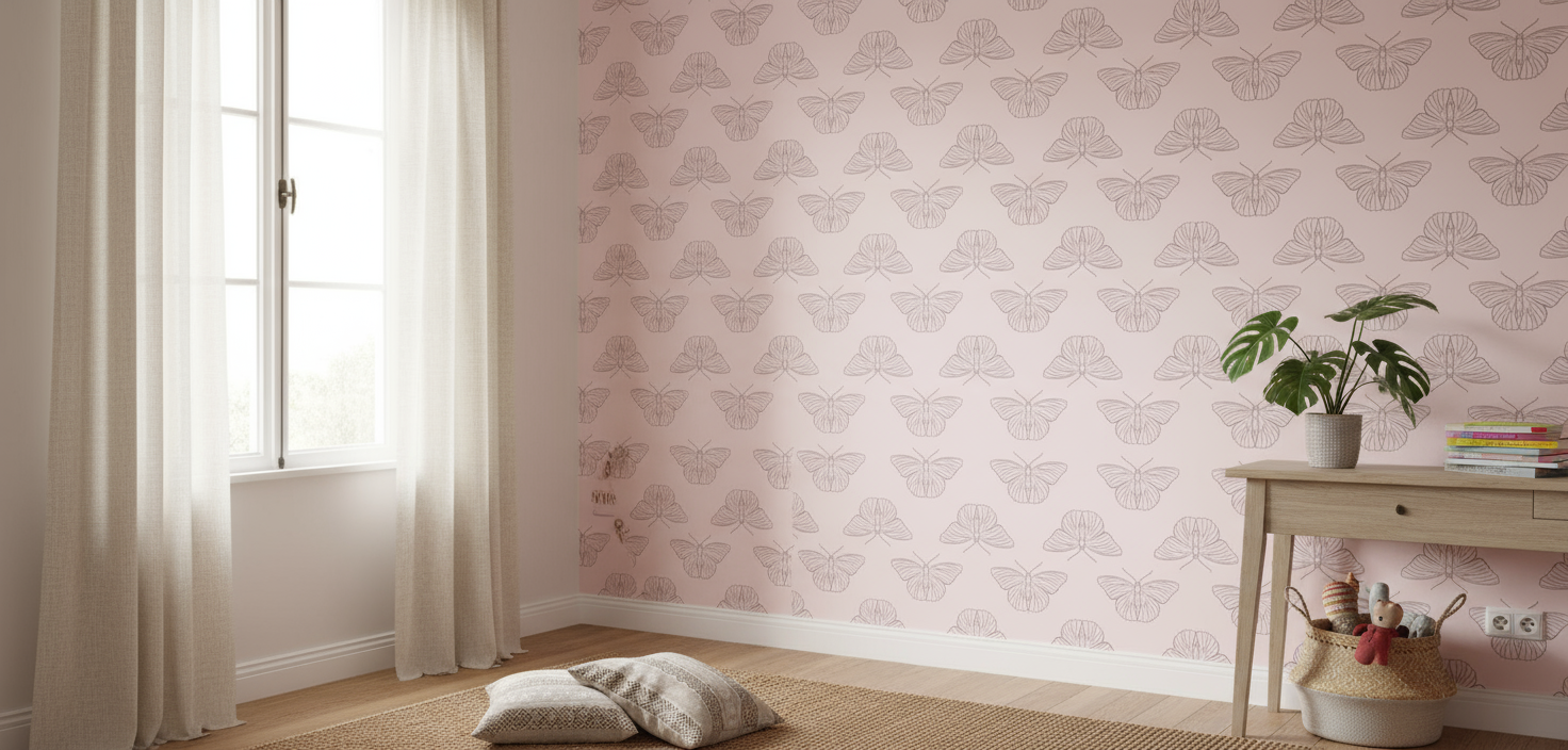 Papier peint pastel Ailes Rêveuses, motif géométrique rose avec accents blancs
