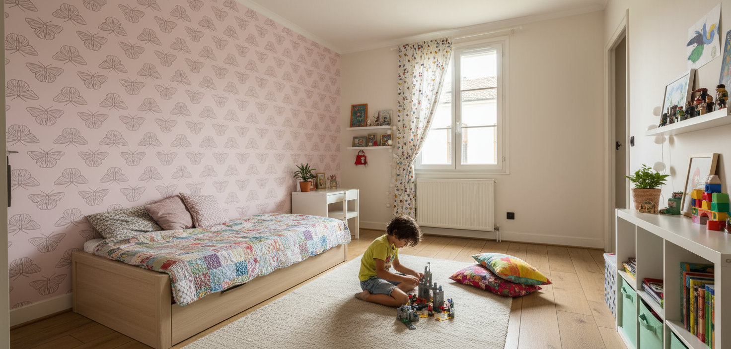 Papier peint Ailes Rêveuses motif papillon rose sur fond blanc