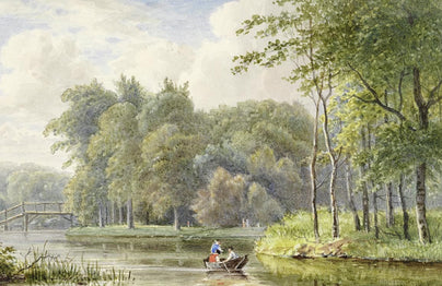 Peinture Aquarelle Ancienne XIXe Siècle - Paysage De Lac Ou Rivière Avec Arbres