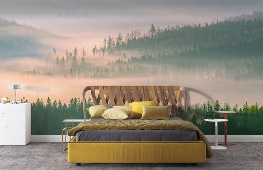 Image d’un lit moderne avec tête de lit en bois et cadre moutarde, parfait pour décoration personnalisée forêt brumeuse