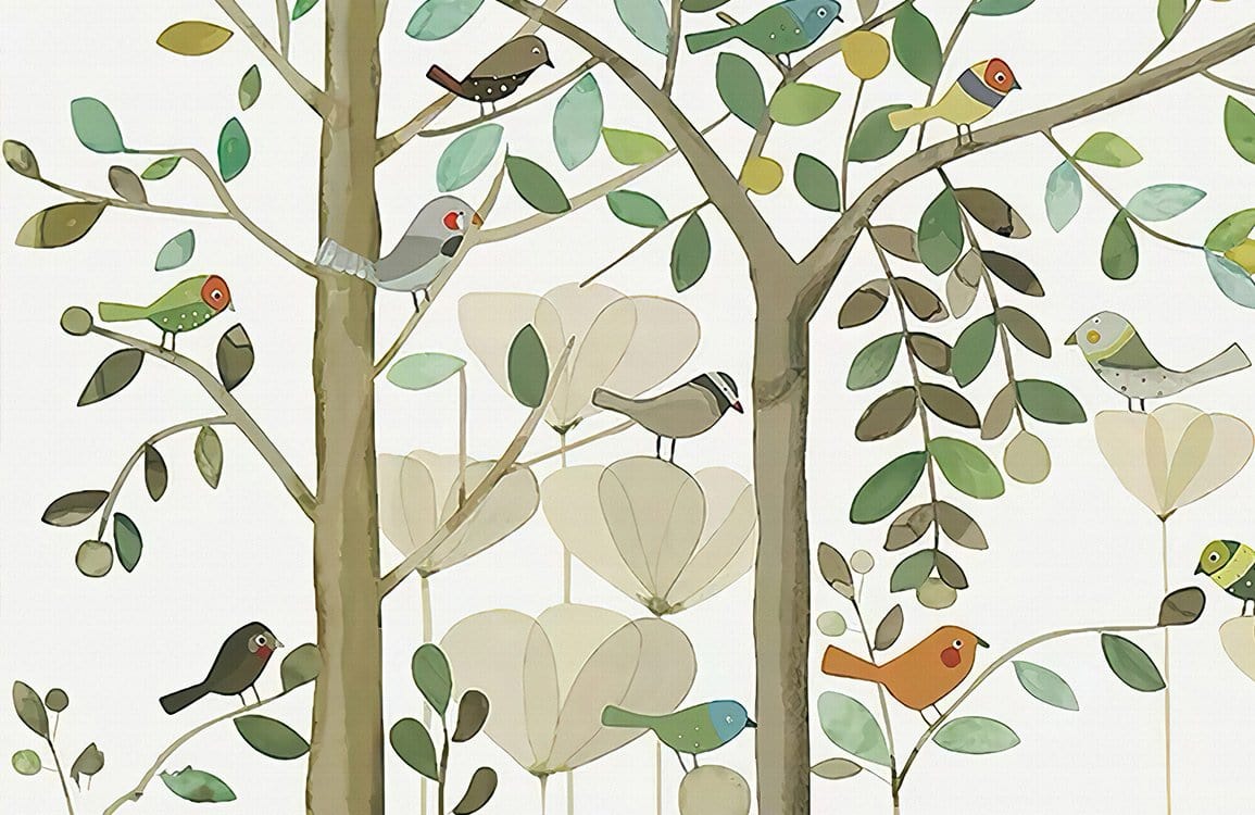 Illustration aquarelle de oiseaux sur arbres et fleurs pour papier peint panoramique printanière
