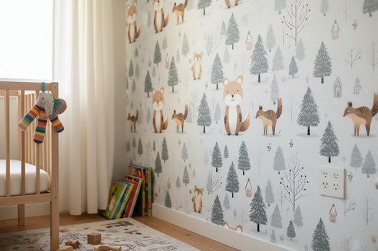 Lit de bois avec papier peint renard mignon et esprit hiver