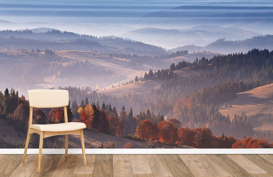 Chaise de salle à manger en bois clair avec dossier courbé sur papier peint représentant une forêt