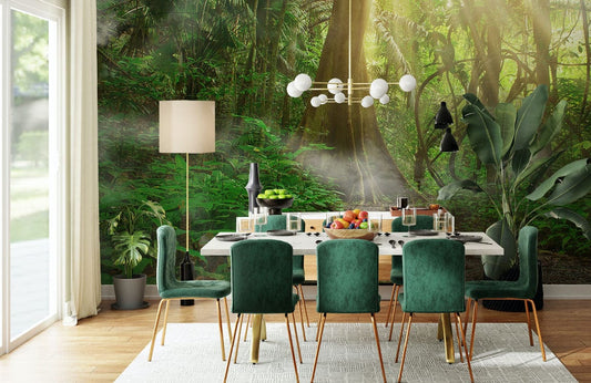Image d’une salle à manger moderne avec un papier peint souffle et décoration personnalisée
