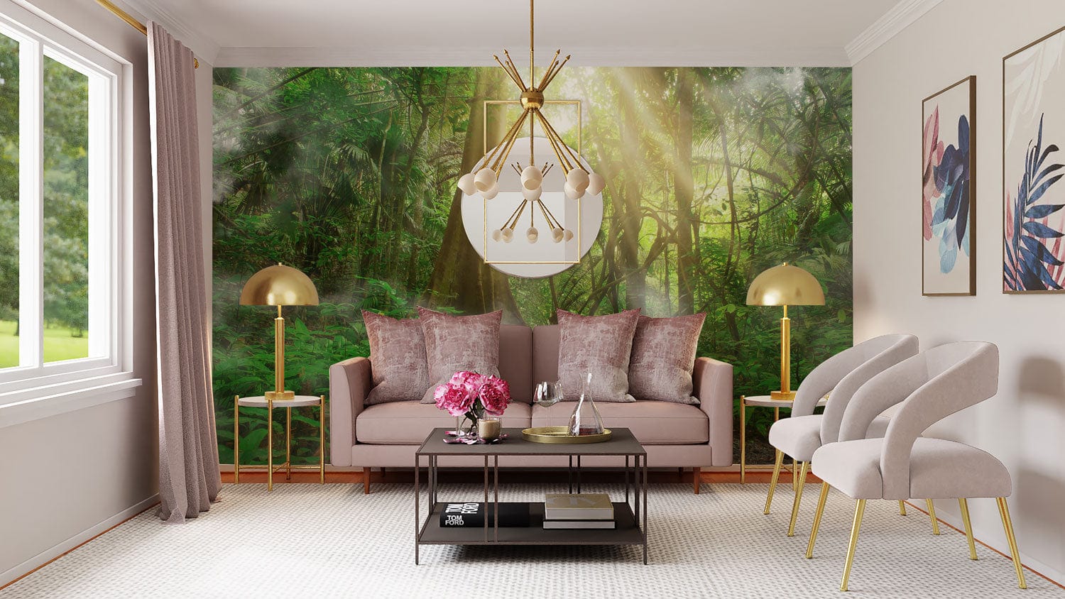 Papier peint souffle de la forêt, mural jungle moderne avec canapé rose et accents dorés