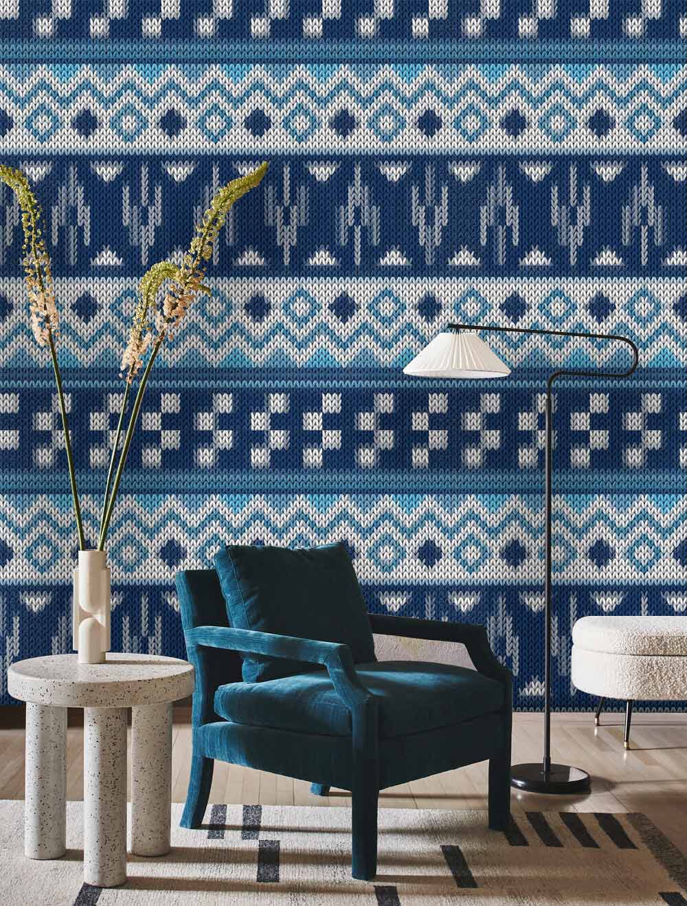Papier peint texturé pull bleu en fresque avec motif bleu et texture knit-like