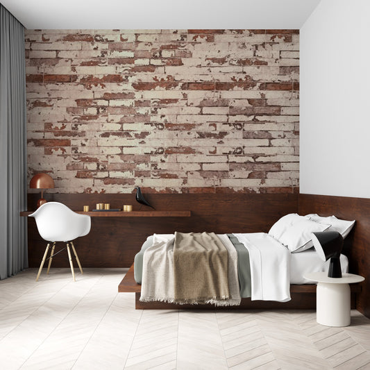 Papier peint vintage grunge avec mur en briques usées dans une chambre moderne