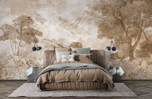 Photo d’un lit confortable avec literie neutre et tête de lit capitonnée, idéal pour un papier peint vintage forêt tropicale botanique