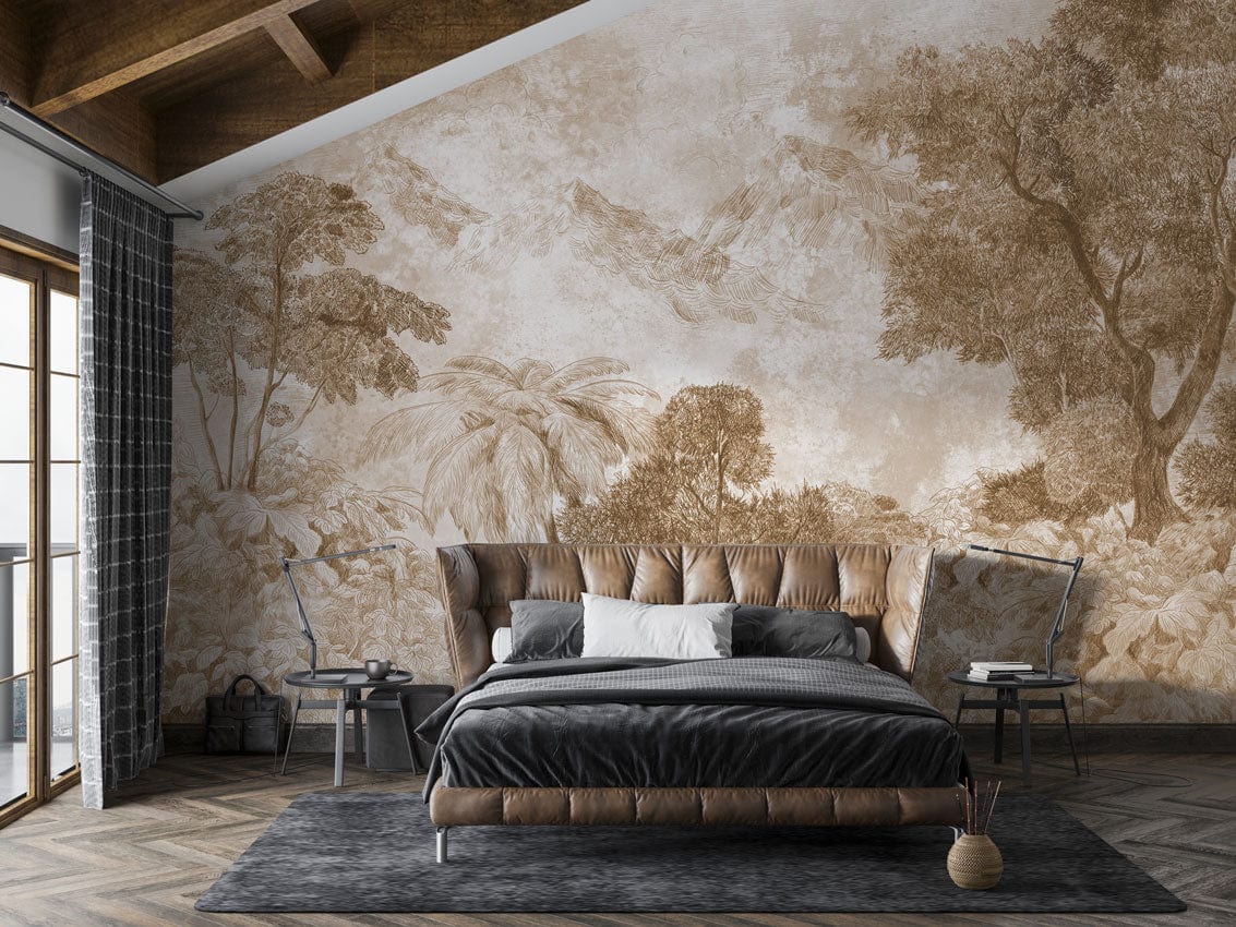 Image d’un lit avec tête de lit capitonnée et literie foncée, parfait pour un papier peint vintage forêt tropicale botanique