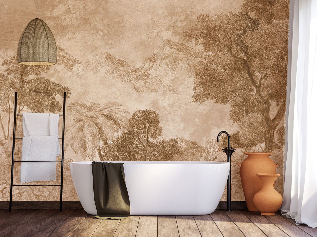 Baignoire autoportante blanche avec serviette sombre, dans un décor de forêt tropicale botanique, idéal pour un papier peint vintage forêt tropicale botanique