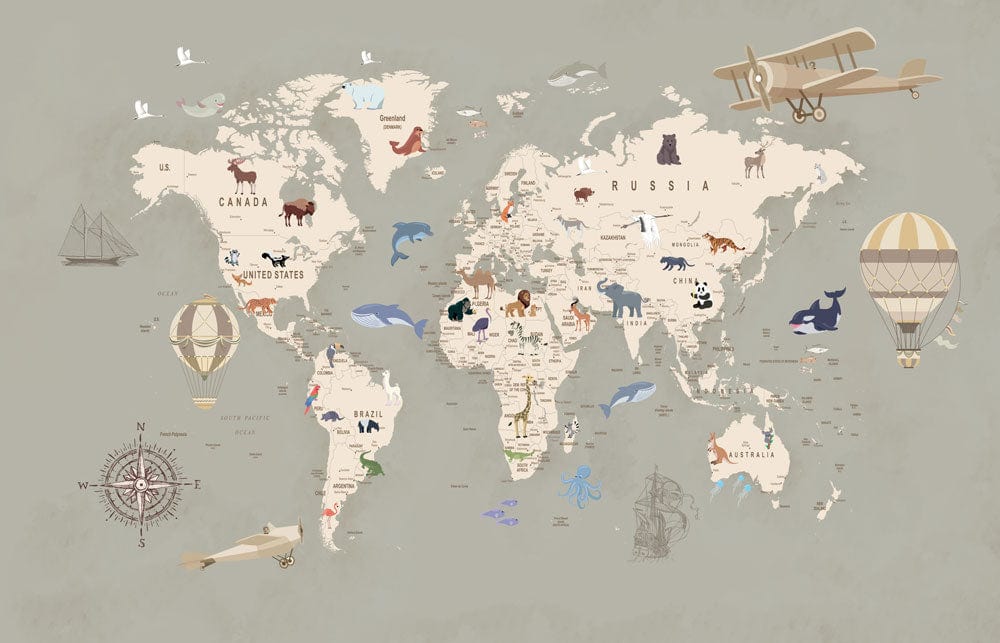 Papier peint vintage du monde pour enfants avec animaux et motifs de transport