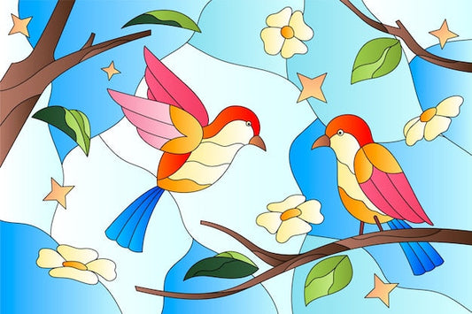 Papier peint vitrail avec deux oiseaux colorés parmi branches et fleurs, Élégance Moderne
