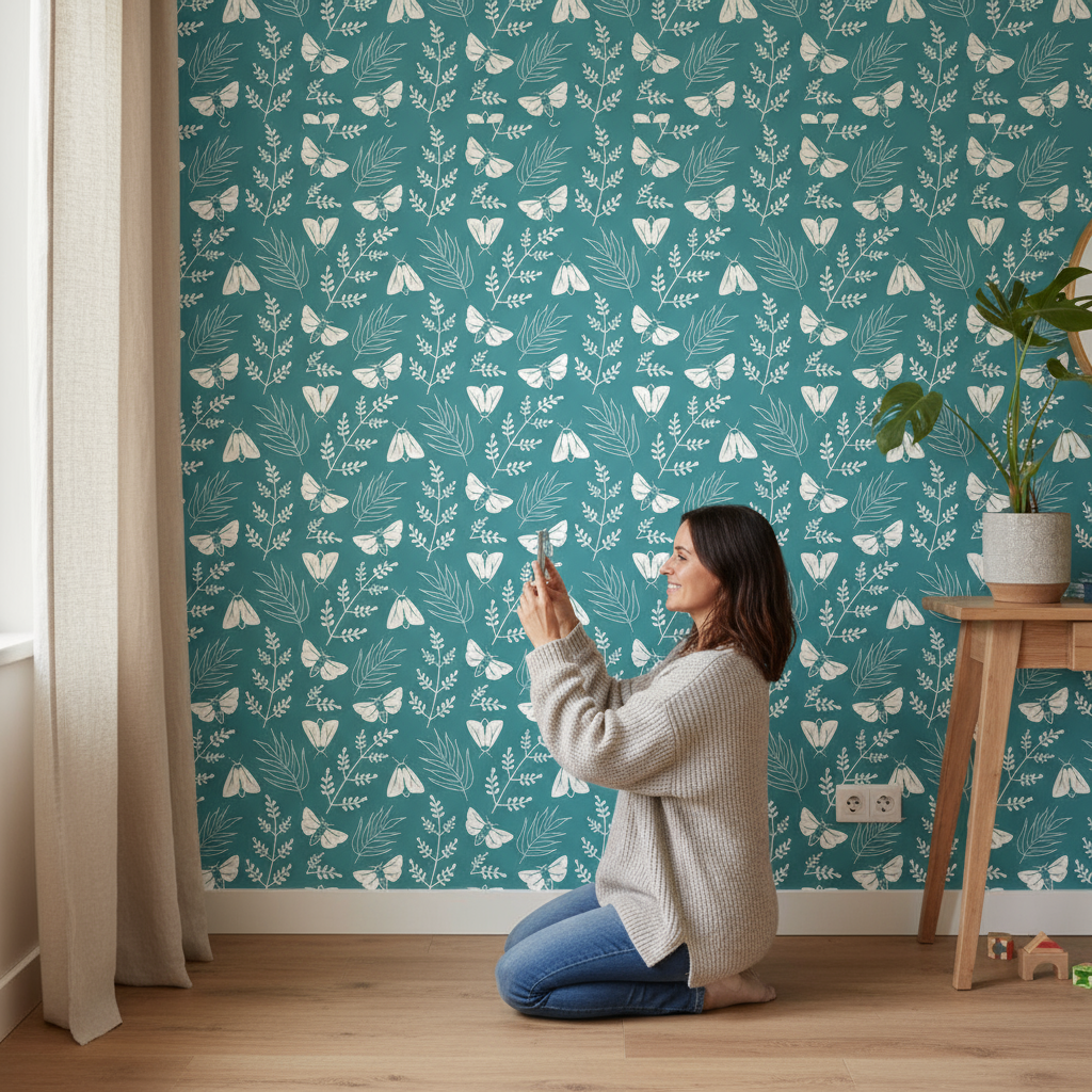 Papier peint Volée Bleue avec papillons blancs élégants en teal et fleurs blanches