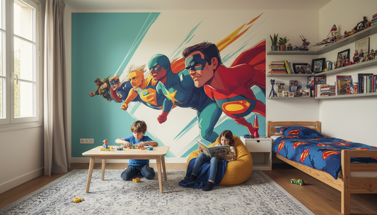 Bureau super-héros en bois avec papier peint panoramique sur mesure