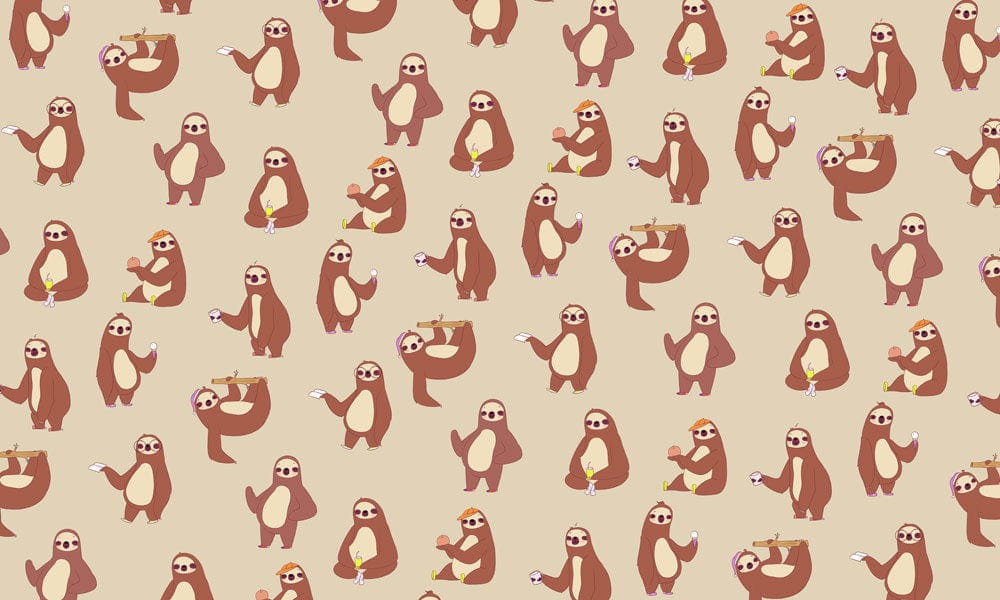 Pattern de paresseux cartoon en poses variées sur un papier peint mural marron