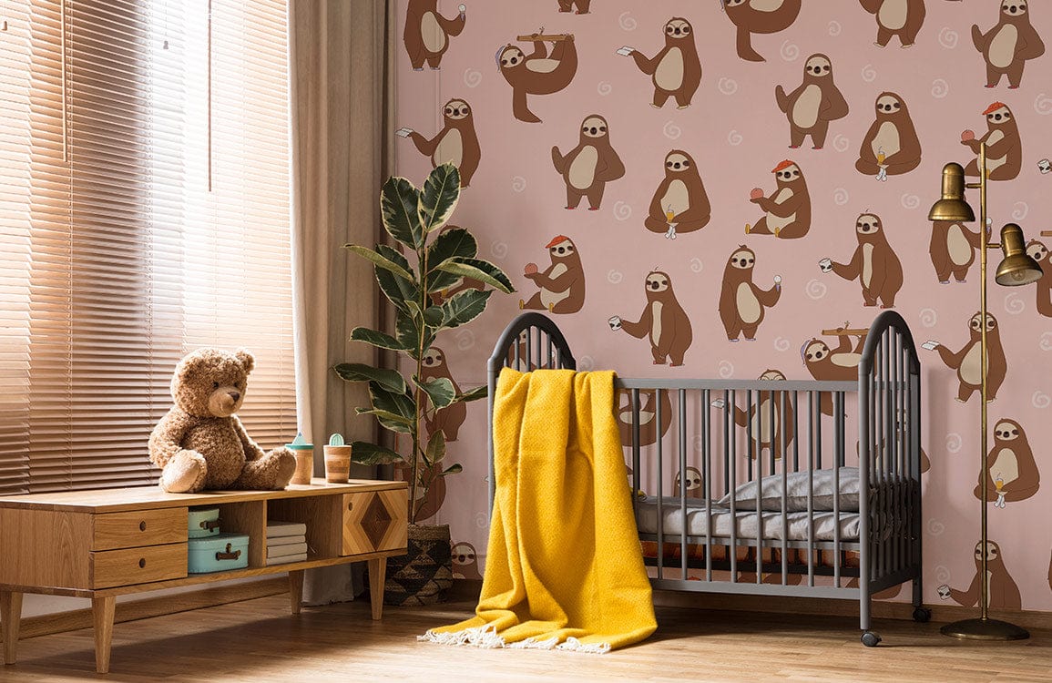 Paresseux sur une fresque murale rose - Le meilleur Papier peint panoramique Sur mesure