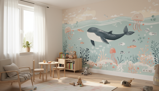 Papier peint panoramique océan baleines pastel sous-marin