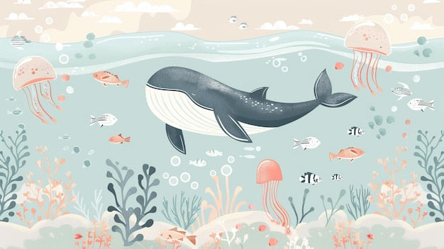 Papier peint panoramique océan baleines pingouins poissons dauphins pastel