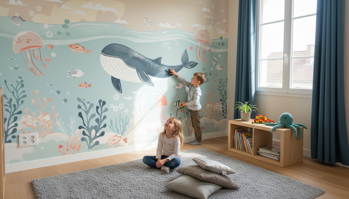 Papier peint panoramique océan baleines pingouins poissons dauphins