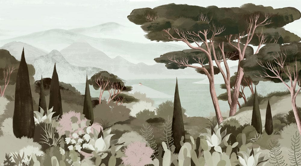 Peinture de montagne et arbres en papier peint mural pour décoration méditerranéenne