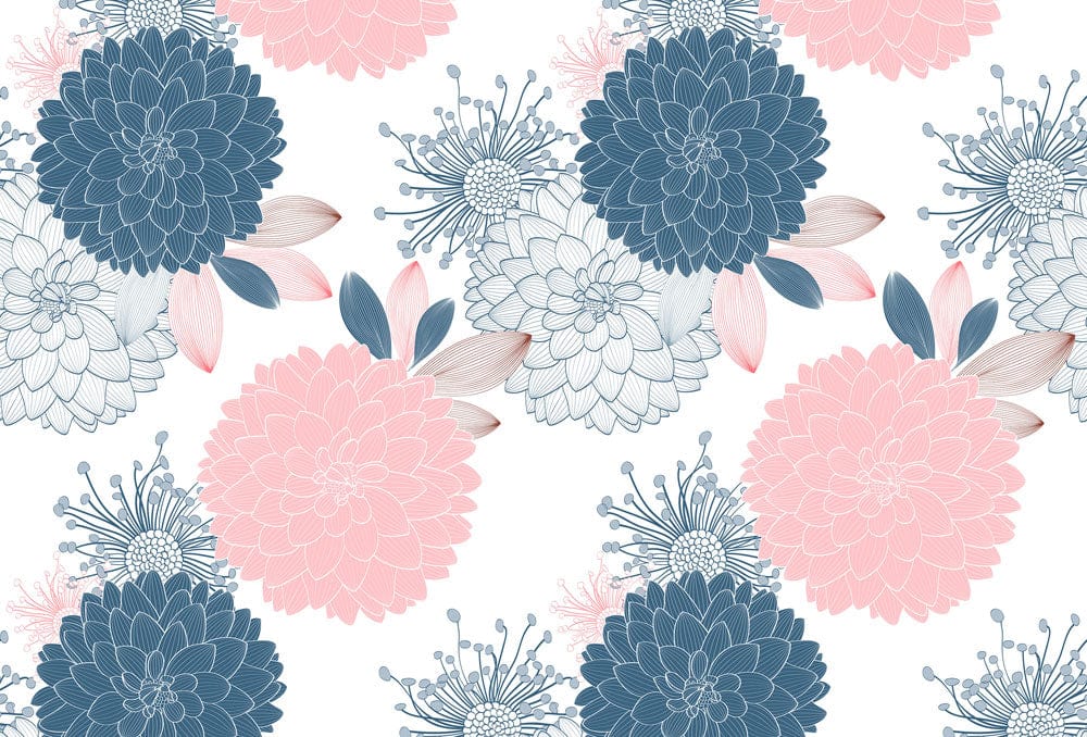 Papier peint panoramique floral en shades de bleu, pink et blanc pour murale de chrysanthèmes