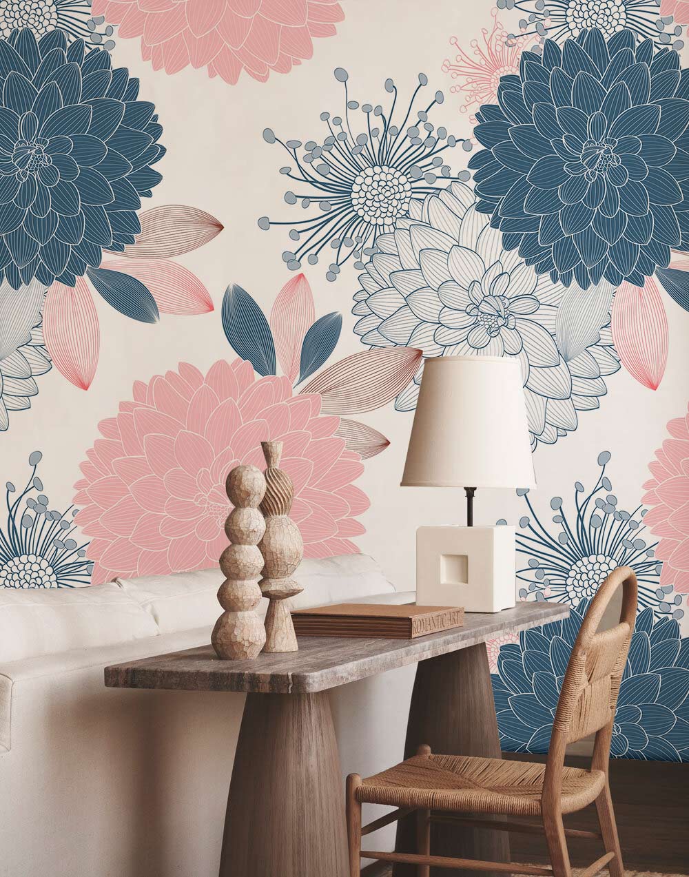 Papier peint panoramique floral avec dahlias roses et bleus pour Peinture de murale de chrysanthèmes