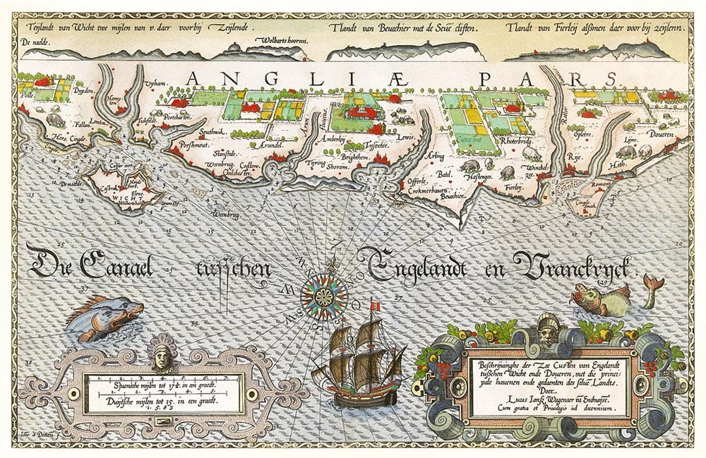 Peinture murale dAngleterre vintage colorée avec carte maritime, navire et créatures marines