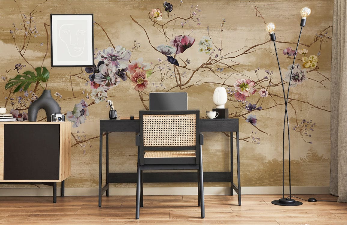 Peinture murale de branches fleuries dans un bureau à la décoration florale