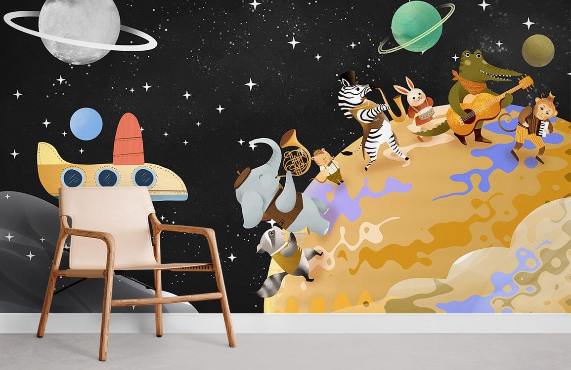 Peinture murale groupe d’animaux III avec animaux cartoon jouant musique dans l’espace