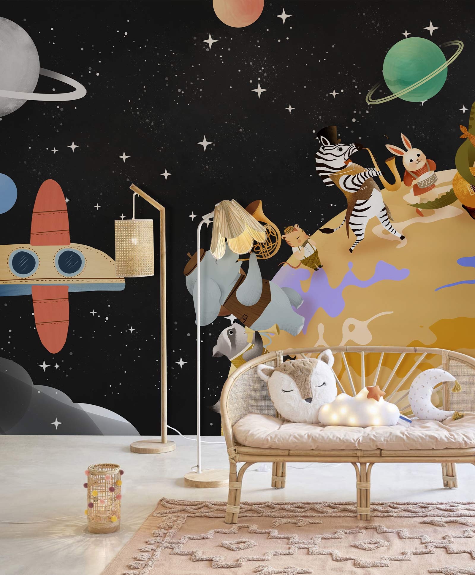 Peinture murale groupe d’animaux III dans une chambre d’enfant avec murale thématique espace