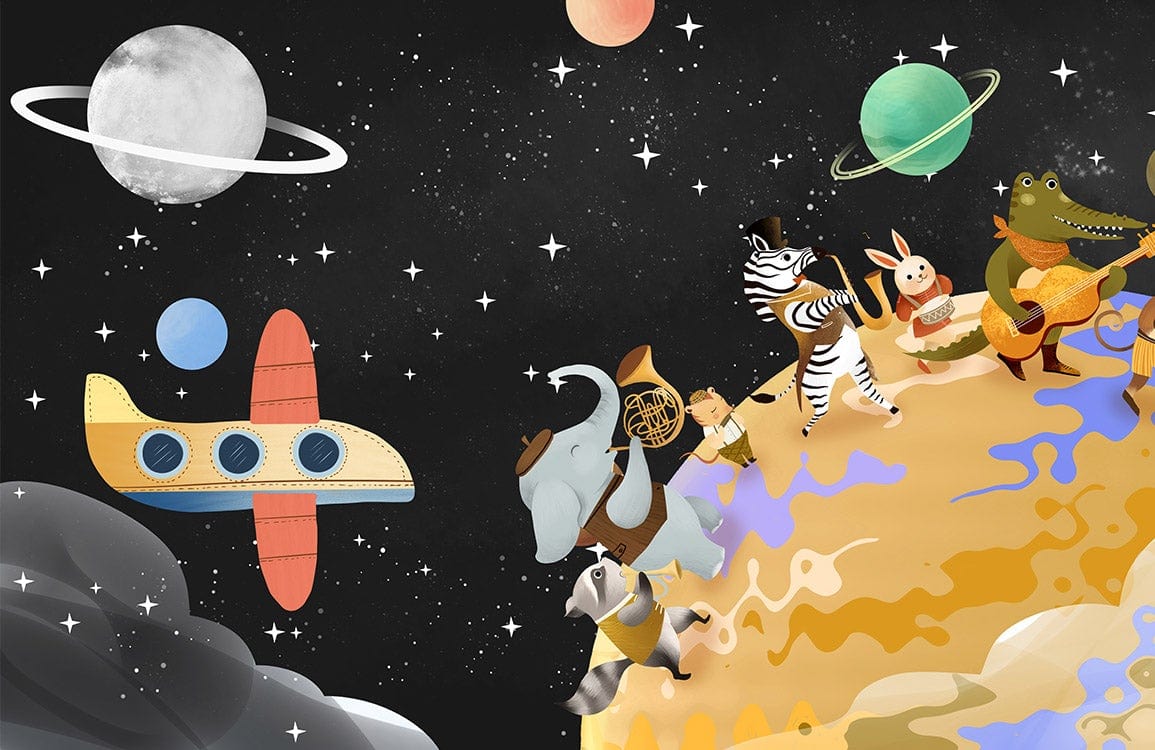 Illustration whimsicale d’animaux anthropomorphes jouant en espace pour Peinture Murale du Groupe d’Animaux III