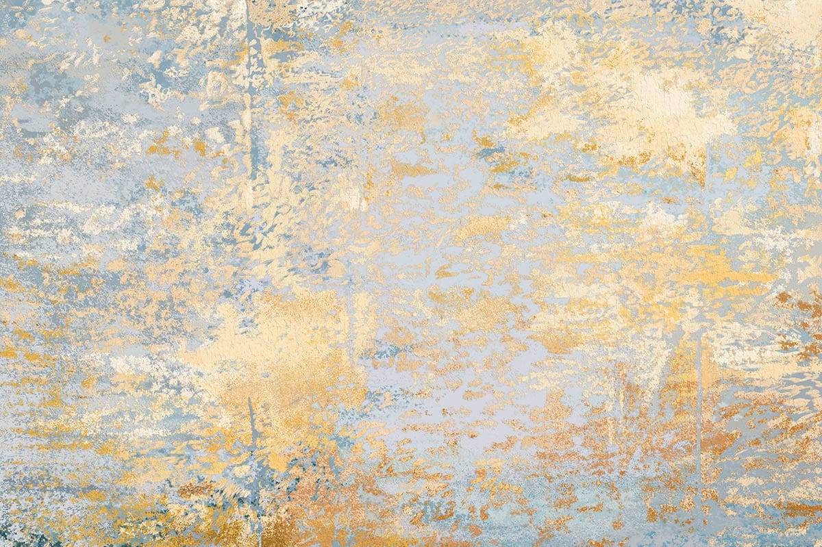 Tapis abstrait en bleu clair et or, texture distressed, parfait pour peinture murale noble