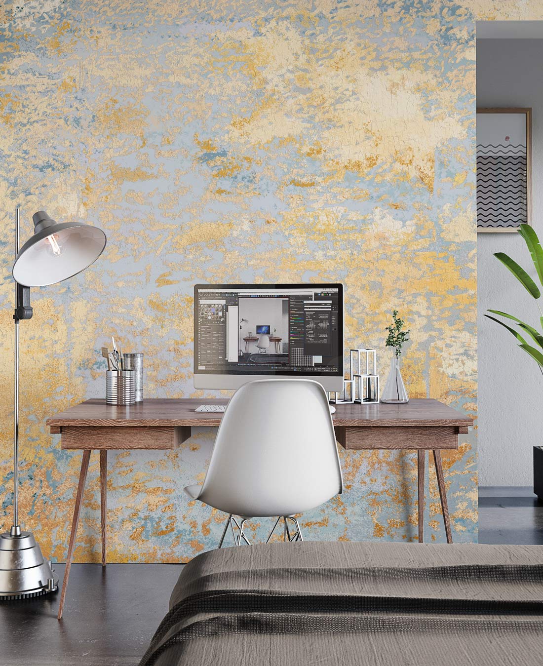 Peinture murale noble avec texture distressed en bleu clair et jaune pour murale noble