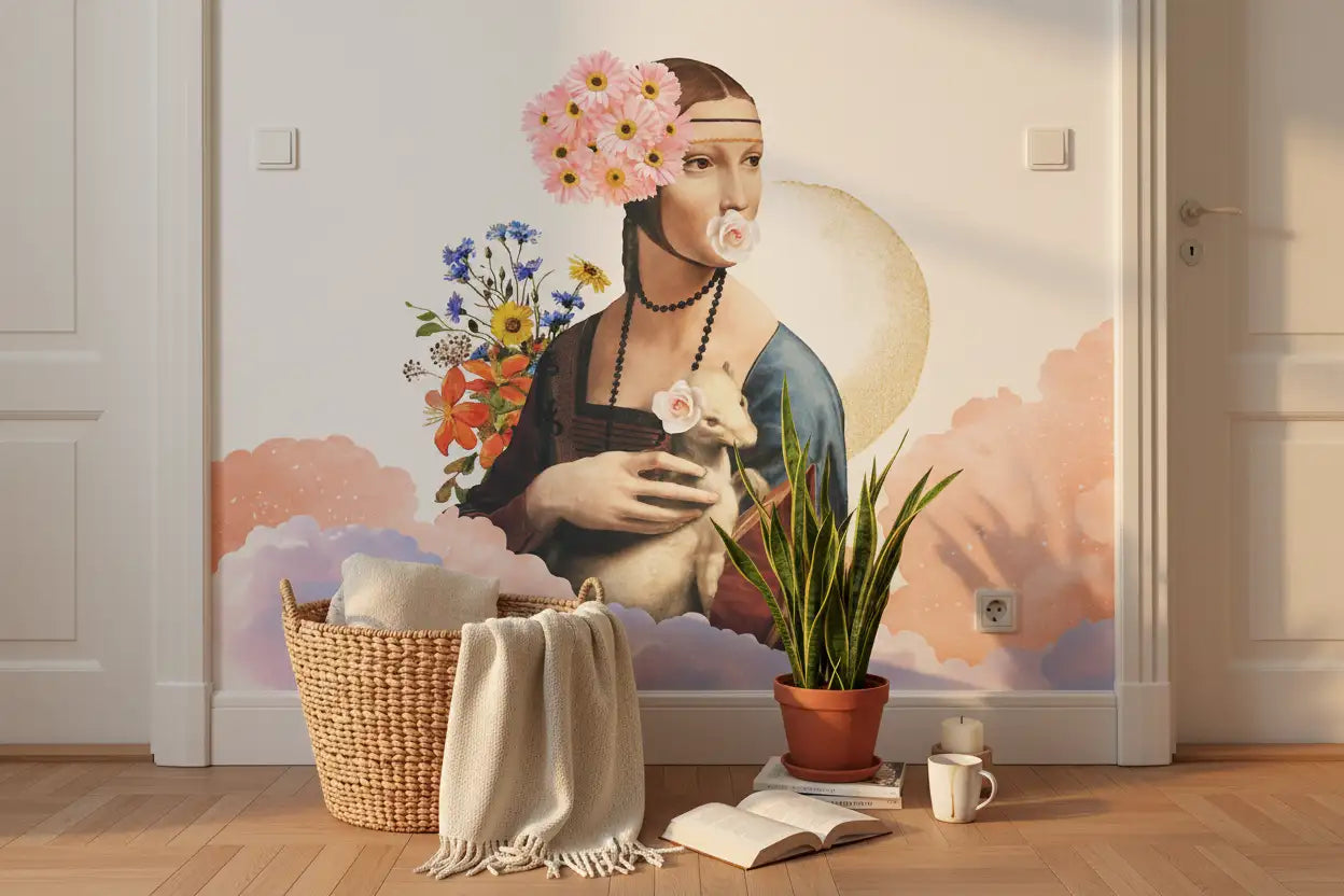 Femme énigmatique au papier peint panoramique avec fleurs roses et jaunes dans les cheveux, tenant une souris blanche fleurie