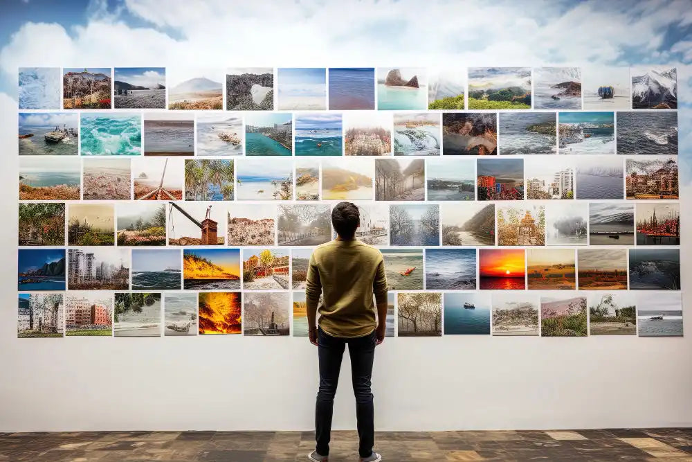 Mur de galerie photo avec des images de voyage regardées par quelqu'un portant un pull jaune.