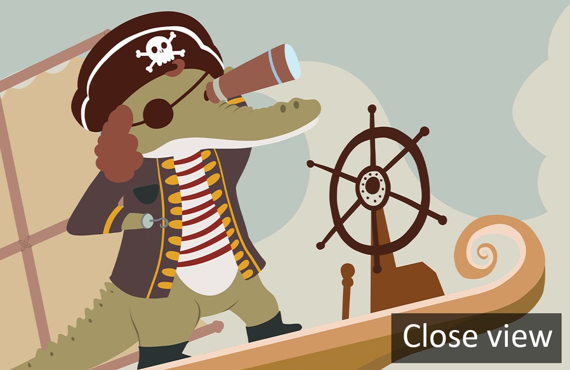 Fresque murale pirate avec crocodile cartoon regardant avec une spyglass