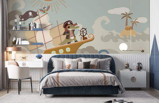 Fresque murale pirate pour chambre d’enfant avec lit bleu et décoration océan
