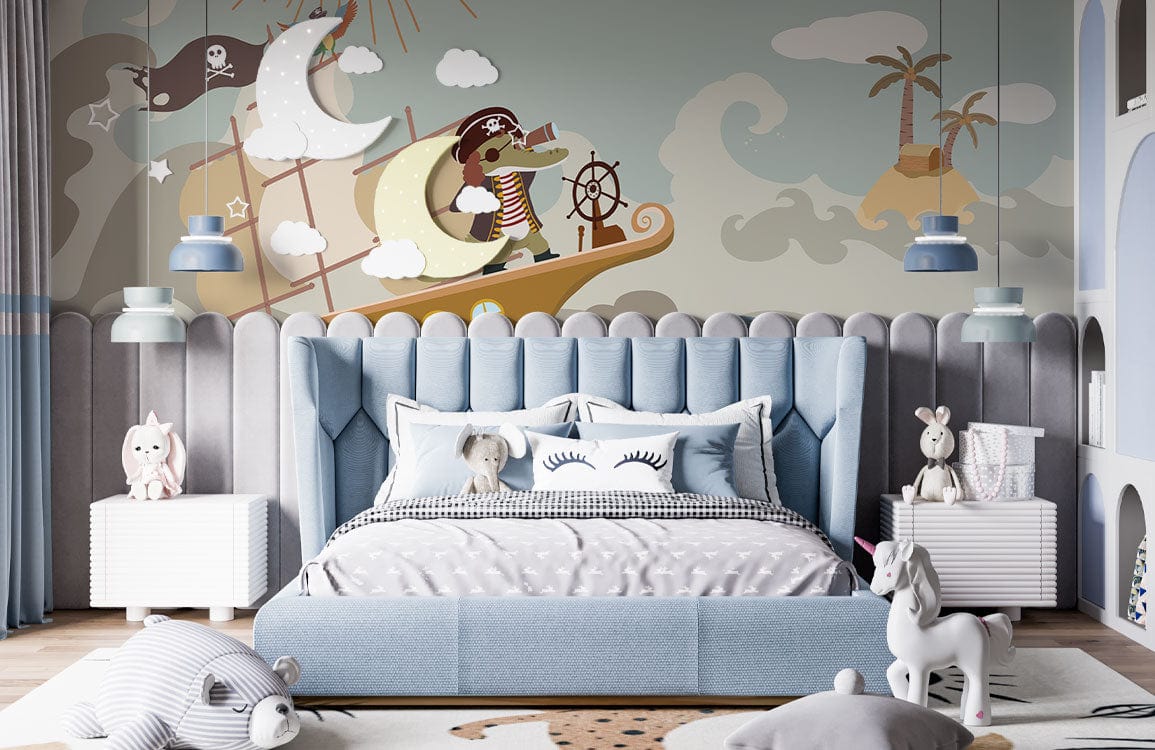 Fresque murale pirate pour chambre d’enfant avec lit bleu et décoration océanique